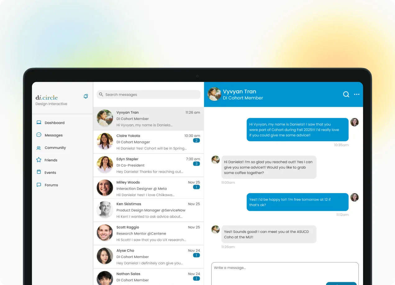 di.circle messaging dashboard for connecting students with alumni