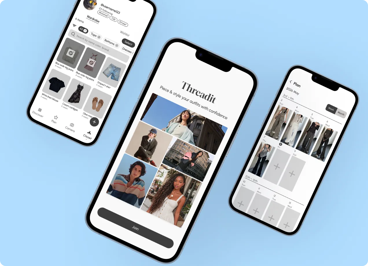 ThreadIt app — closet, home, and planning screens