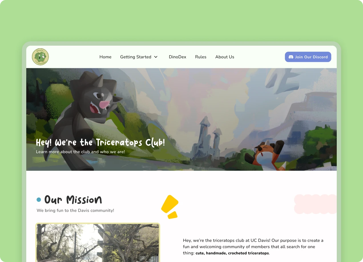 The Triceratops Club site homepage, showing the hero banner and Our Mission section